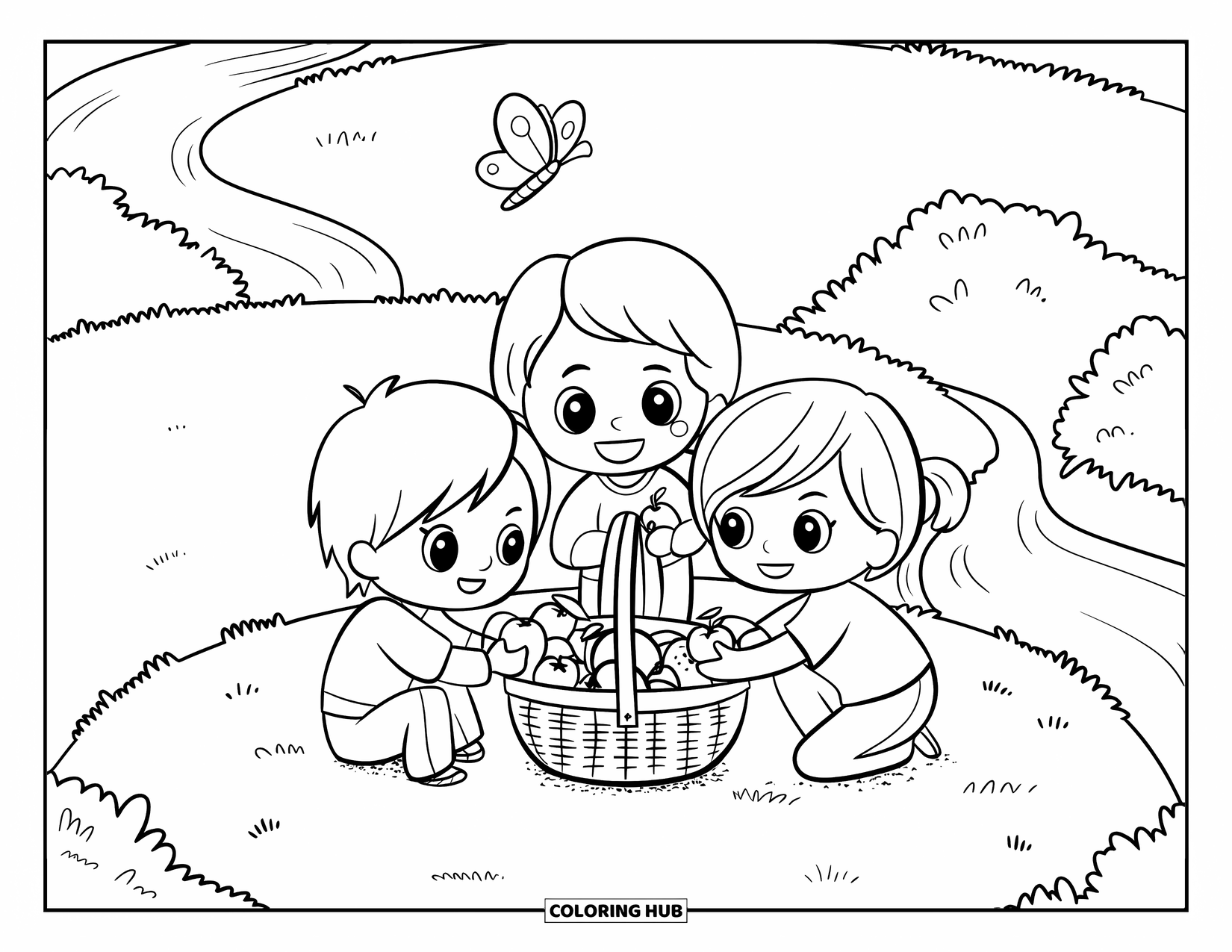Picnic Coloring Page for Adults: Three chibi kids sharing fruit near a basket and flowing stream