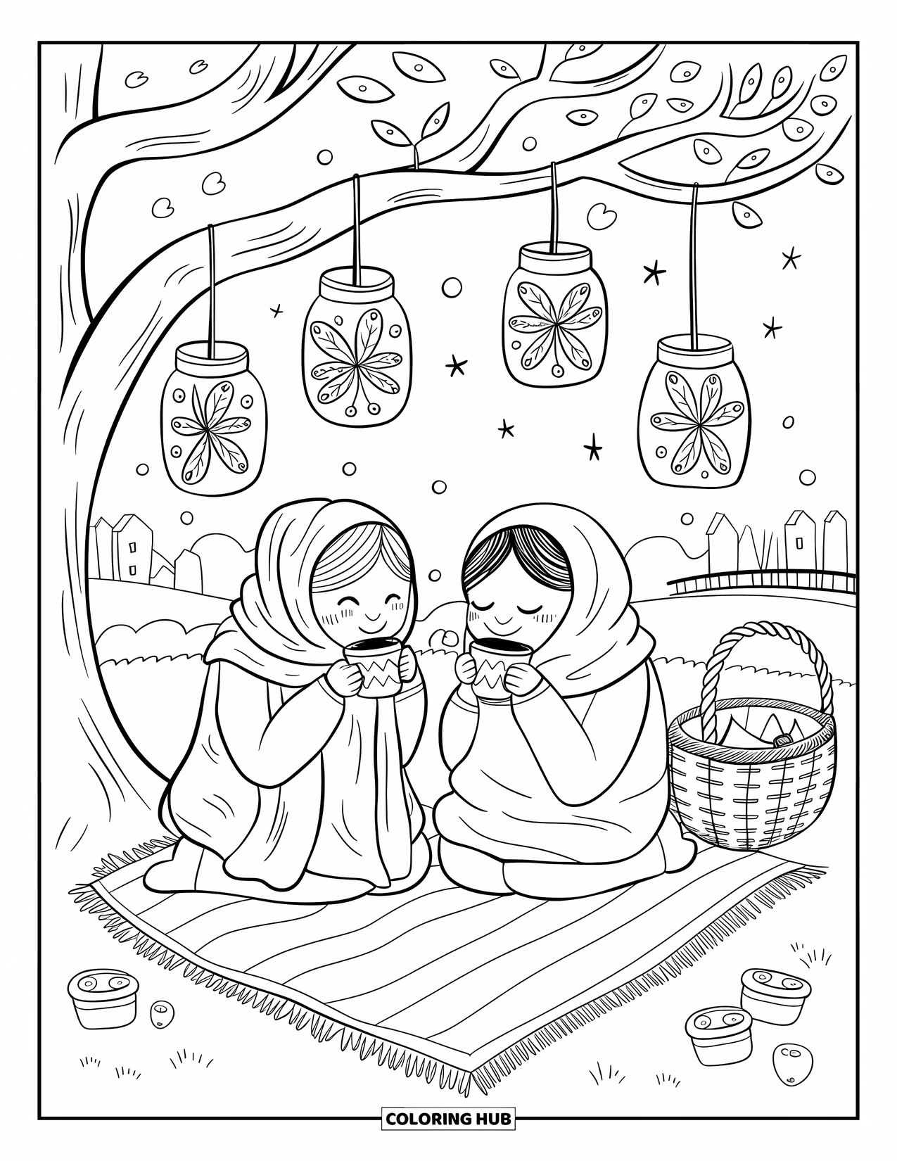 Picnic Coloring Page for Adults: Two friends wrapped in scarves enjoying tea under glowing firefly jars
