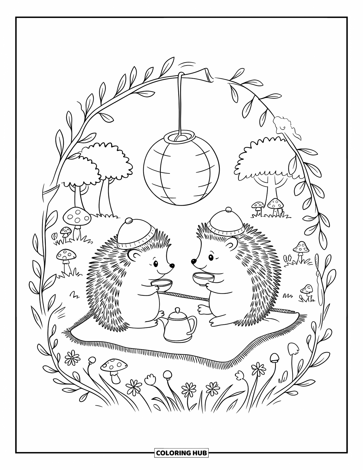 Picnic Coloring Page for Adults: Two hedgehogs picnicking under a lantern surrounded by mushrooms and flowers