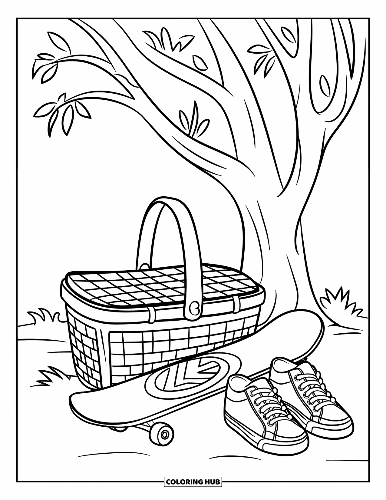 Picnic Coloring Page for Kids: A basket, skateboard, and sneakers arranged neatly beneath a leafy tree
