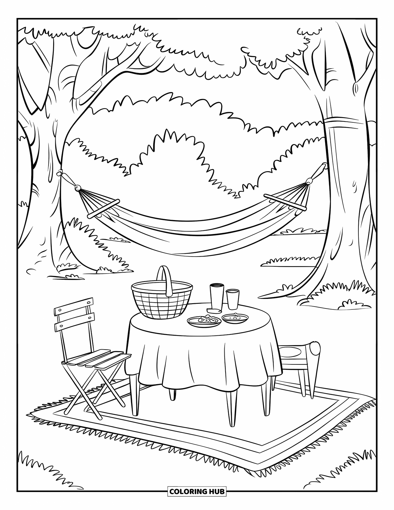 Picnic Coloring Page for Kids: A cozy picnic setup with a table, basket, and hammock among forest trees