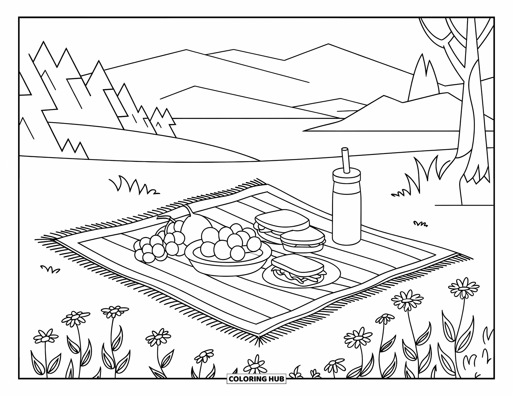 Picnic Coloring Page for Kids: A peaceful picnic scene with fruits and sandwiches surrounded by wildflowers near a lake