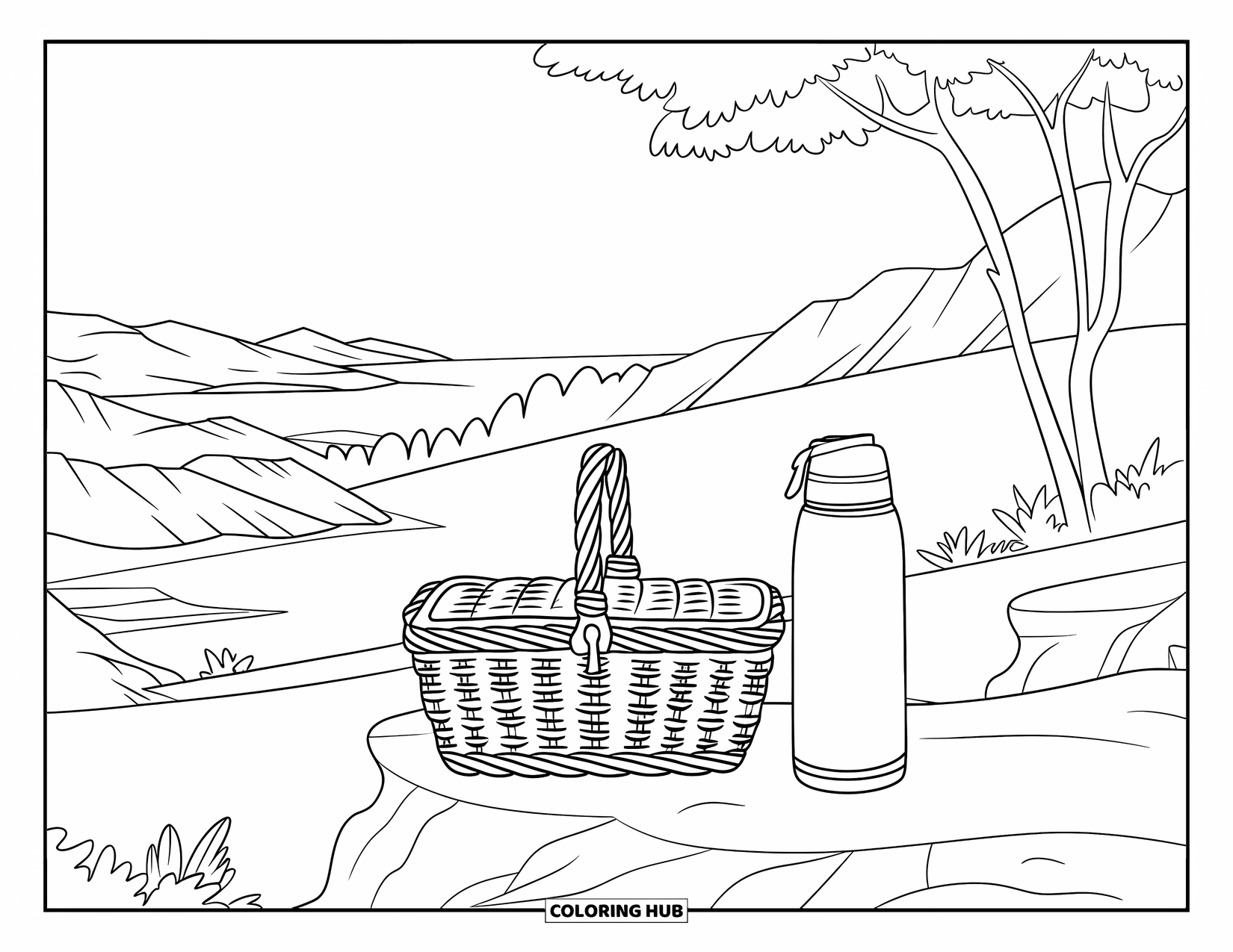 Picnic Coloring Page for Kids: A picnic basket and thermos rest on a rocky overlook with a scenic mountain view