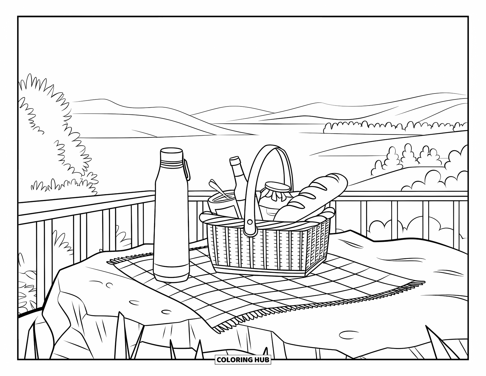 Picnic Coloring Page for Kids: A picnic basket and thermos sit on a rocky ledge overlooking rolling hills and water
