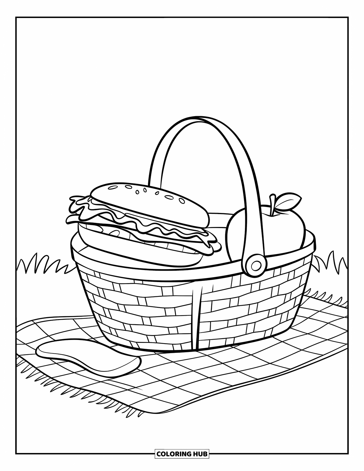 Picnic Coloring Page for Kids: A picnic basket with a sandwich and apple on a checkered blanket