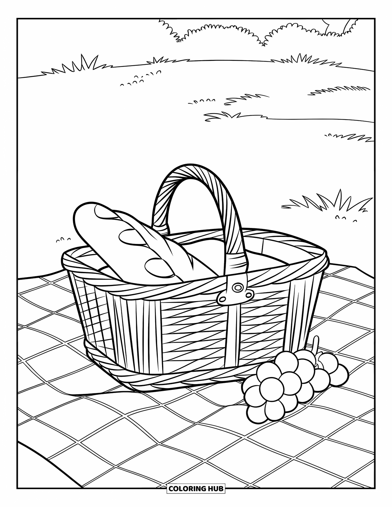 Picnic Coloring Page for Kids: A picnic basket with bread and grapes on a blanket