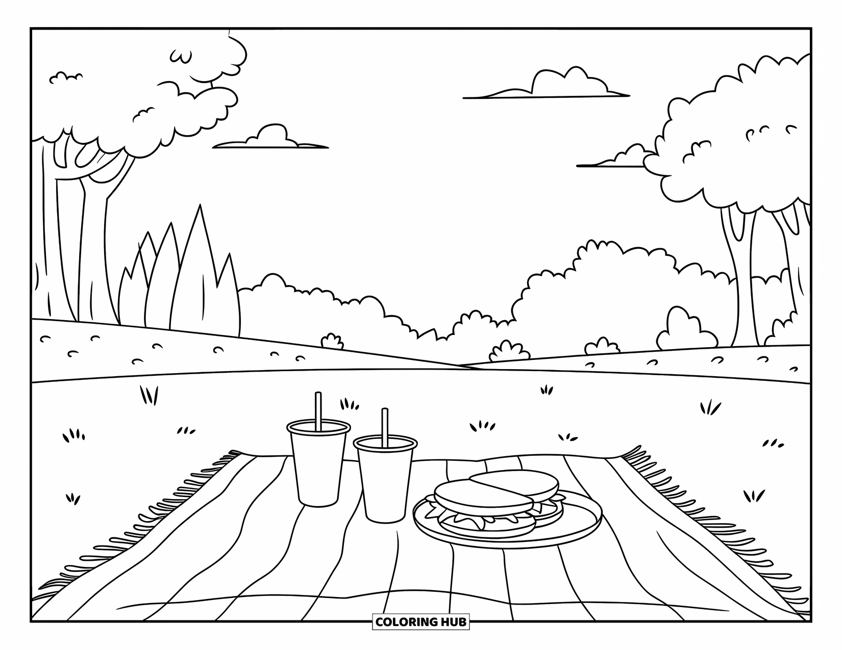 Picnic Coloring Page for Kids: A picnic blanket with cups and a sandwich under trees
