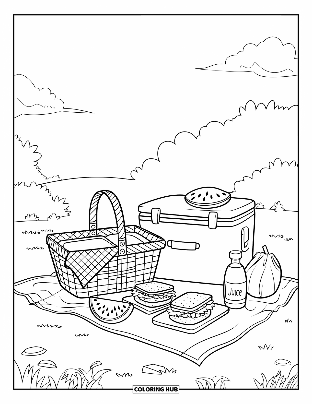 Picnic Coloring Page for Kids: A picnic blanket with sandwiches, watermelon, and juice beneath a bright sky