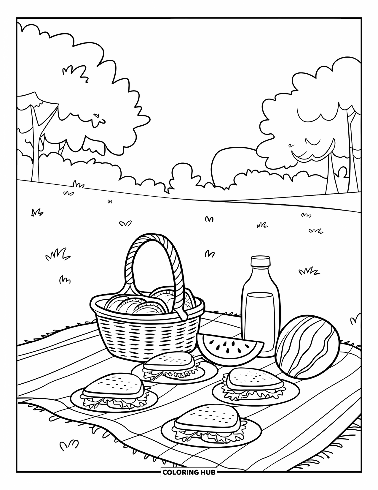 Picnic Coloring Page for Kids: A picnic setup with sandwiches, watermelon, and juice on a grassy field