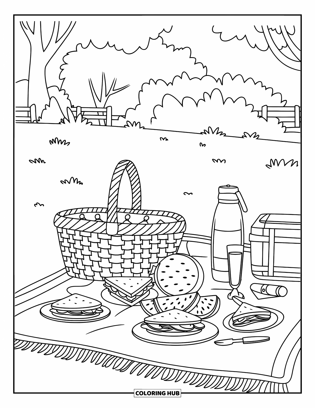 Picnic Coloring Page for Kids: A picnic spread with sandwiches, watermelon, and juice surrounded by trees and grass