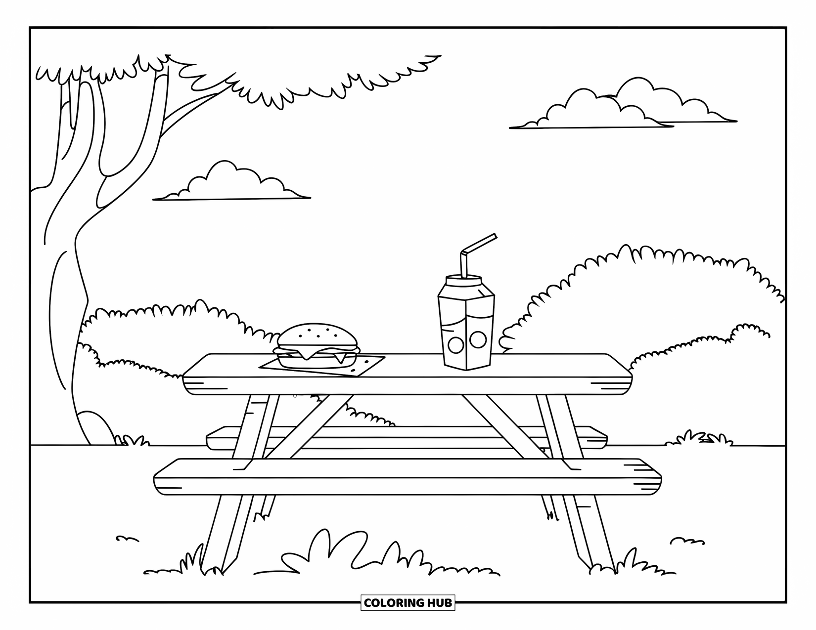 Picnic Coloring Page for Kids: A picnic table with a sandwich and juice outdoors