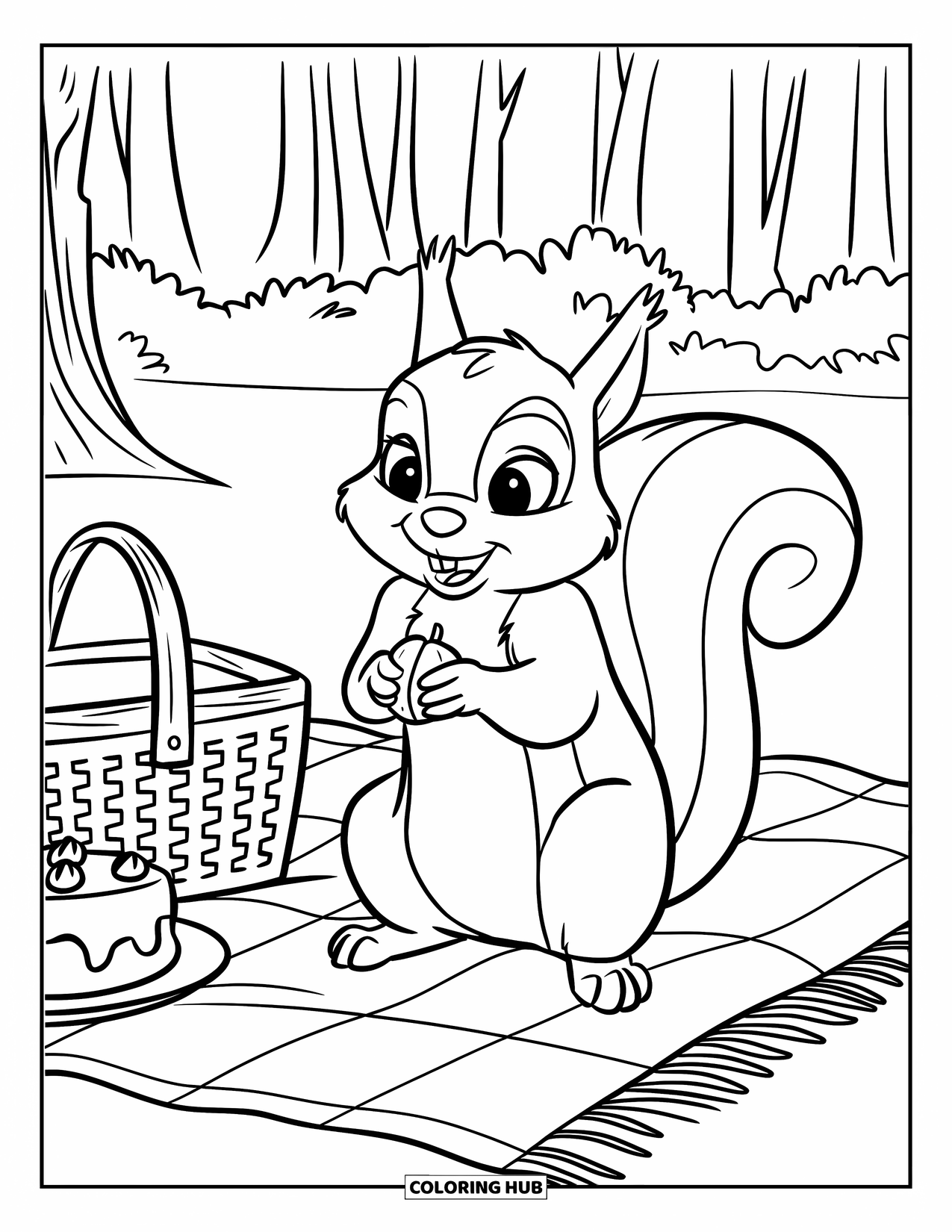 Picnic Coloring Page for Kids: A squirrel beside a picnic basket and cake in a forest