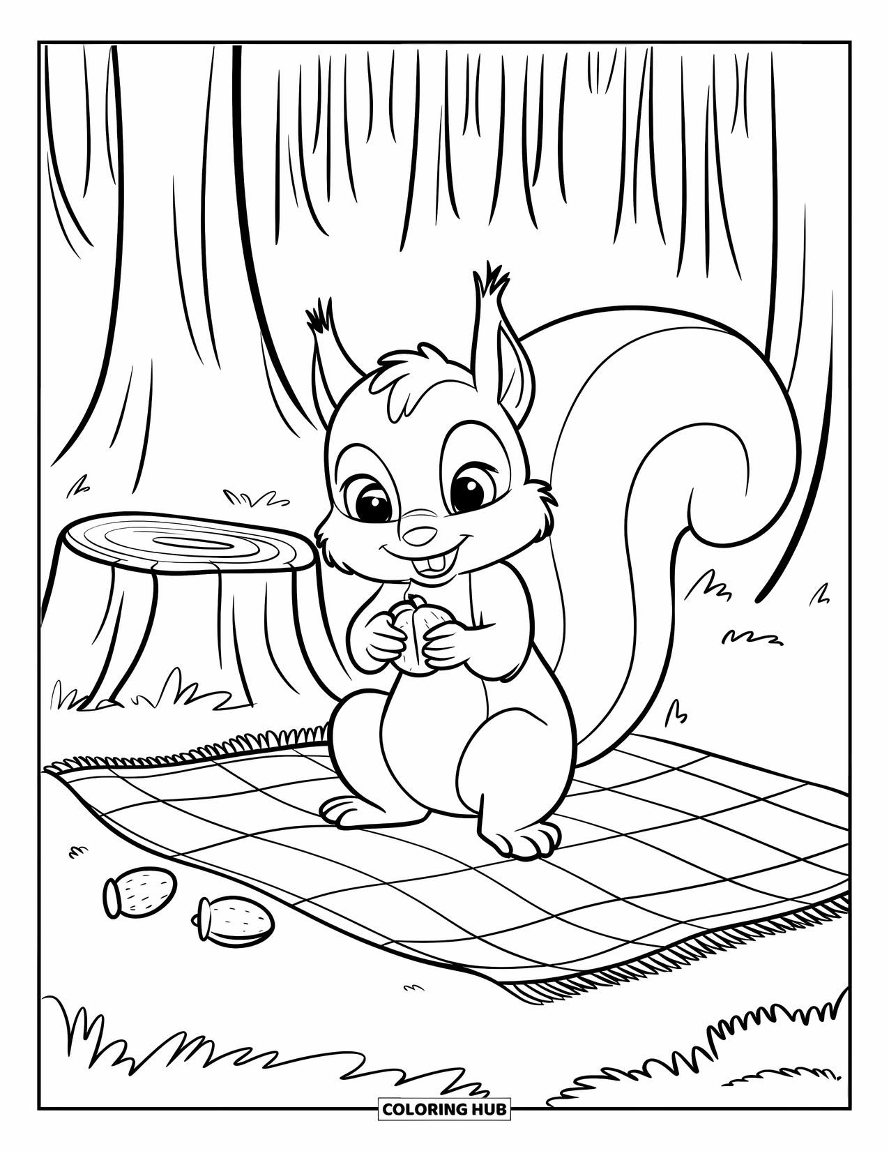 Picnic Coloring Page for Kids: A squirrel on a stump holding a nut in a forest