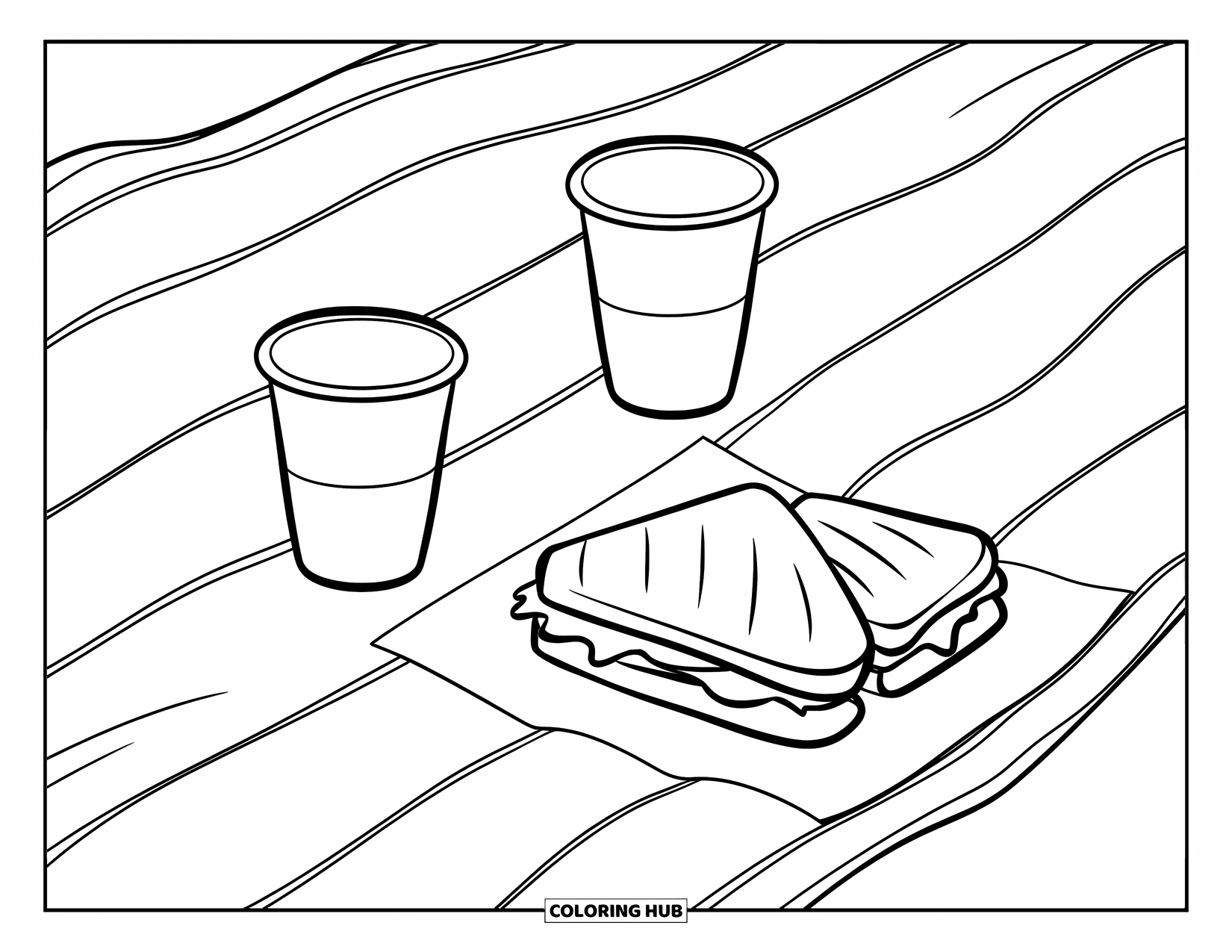 Picnic Coloring Page for Kids: A striped blanket with two cups and a sandwich
