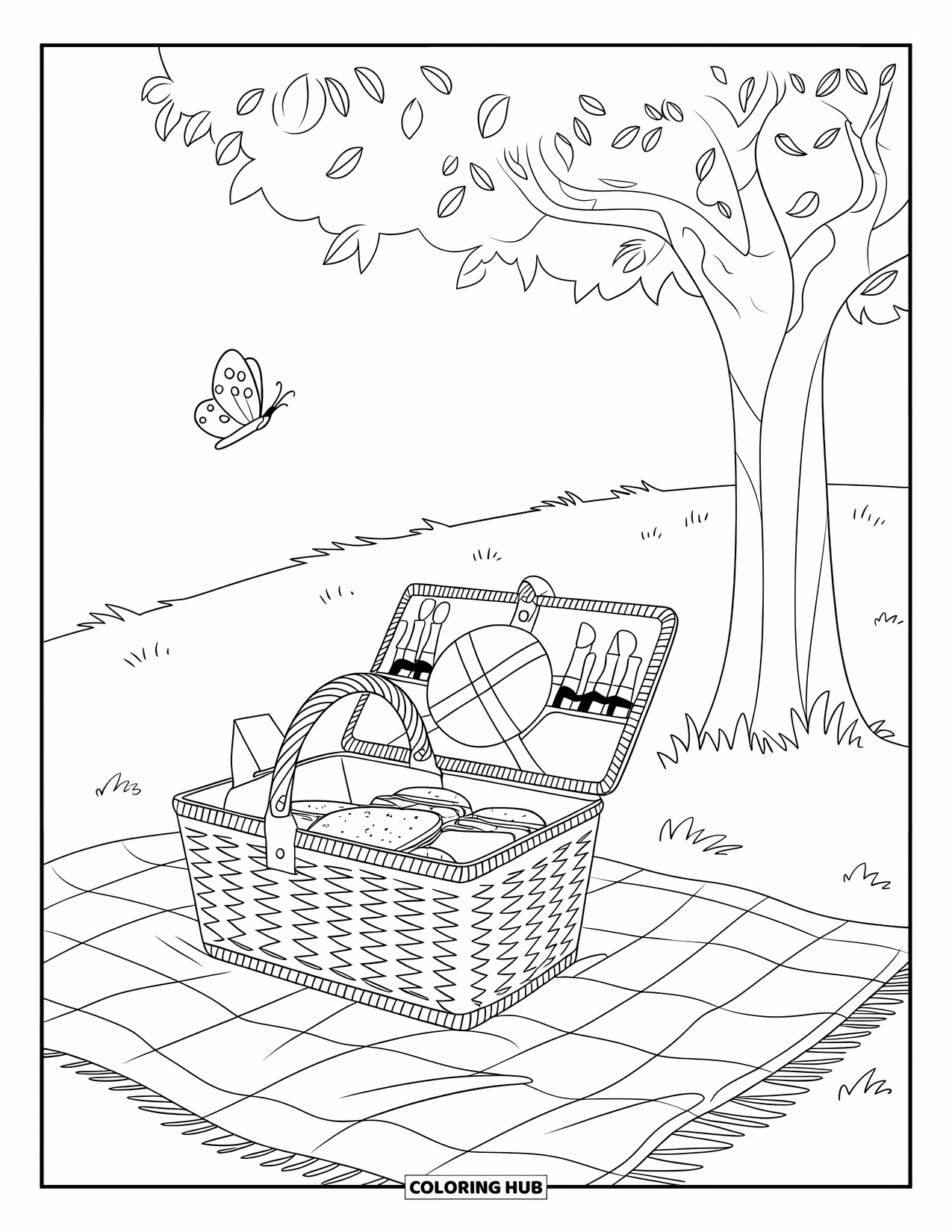 Picnic Coloring Page for Kids: An open picnic basket under a tree with a flying butterfly