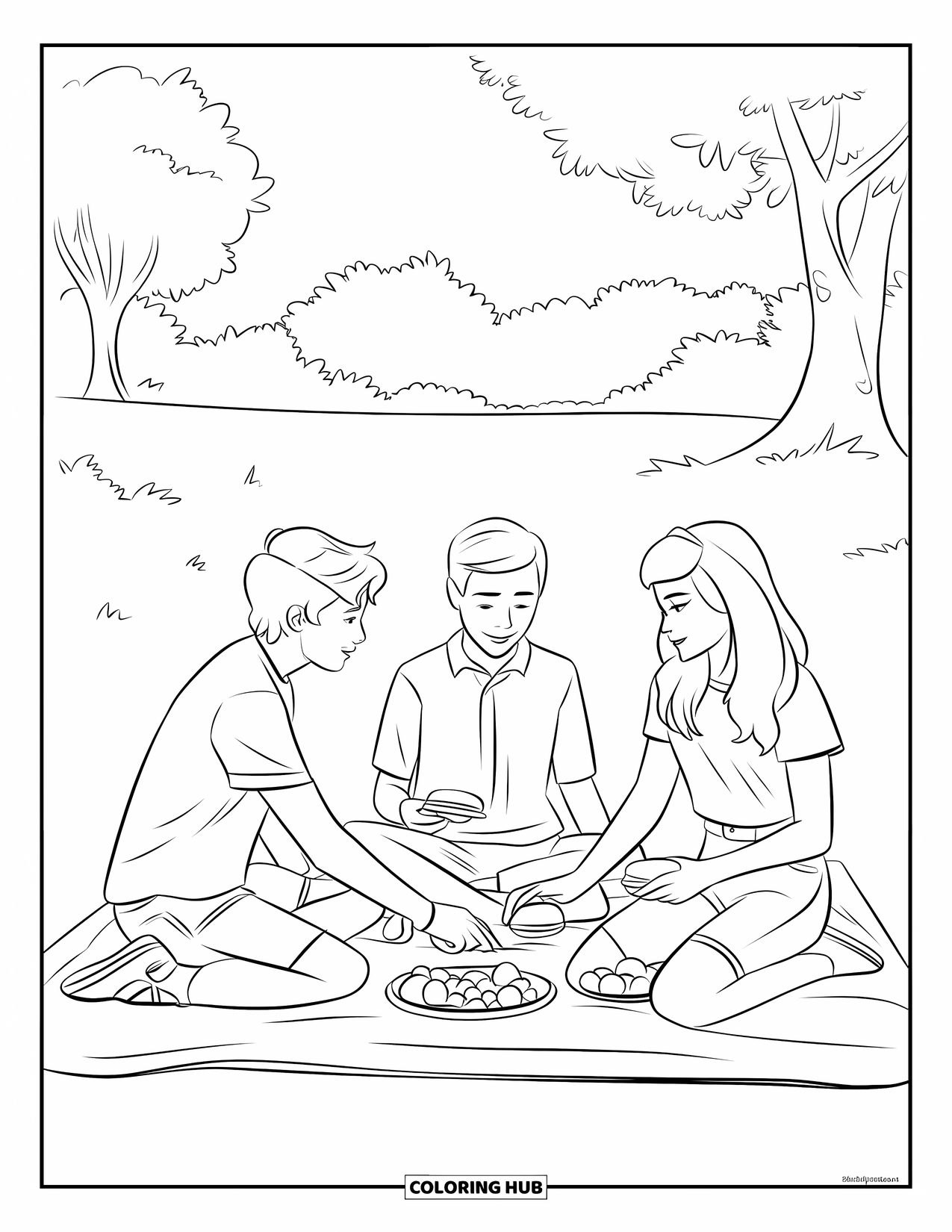Picnic Coloring Page for Kids: Three teens sharing fruit and sandwiches together on a blanket in a sunny field