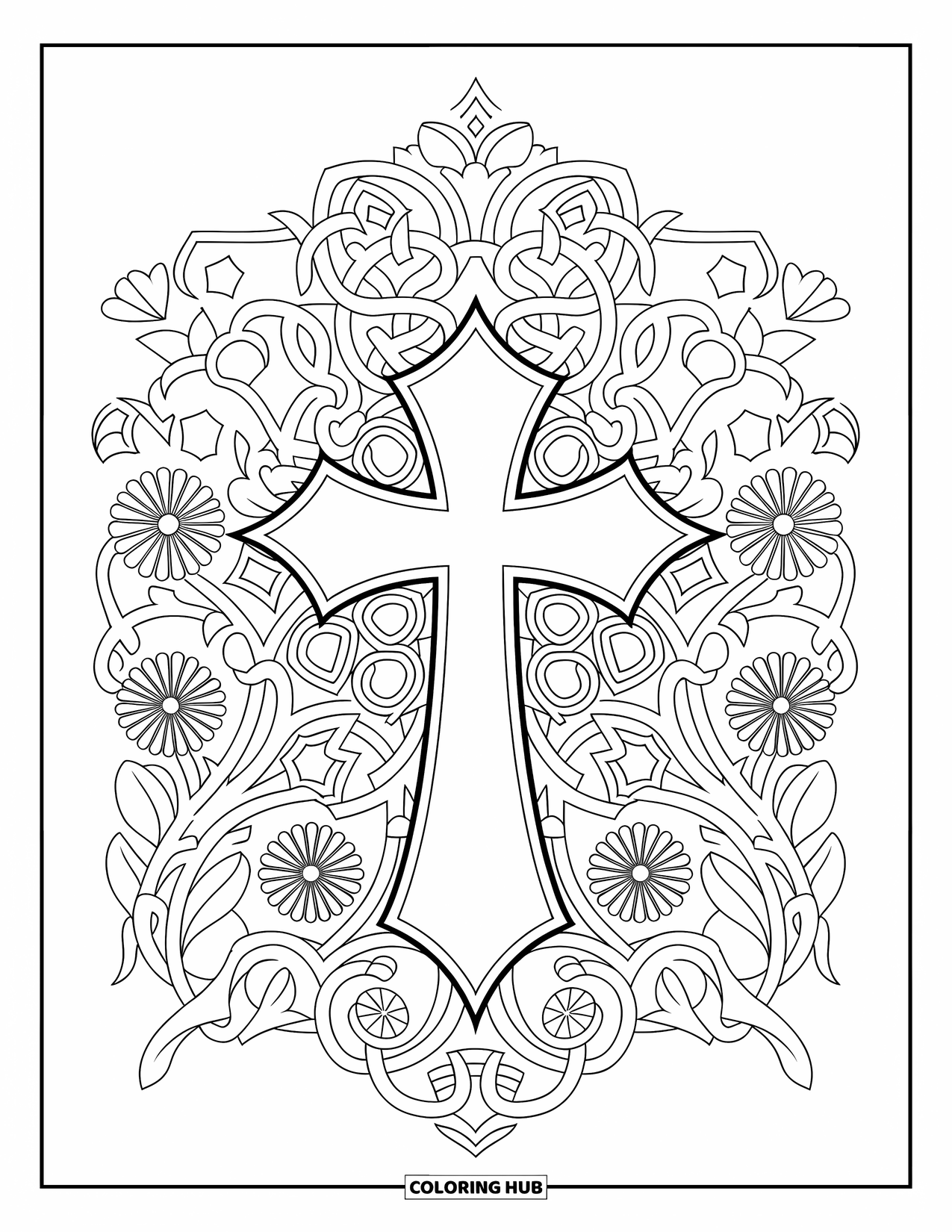 Prayer Coloring Page for Adults: A bold cross sits among detailed flowers, vines, and shapes
