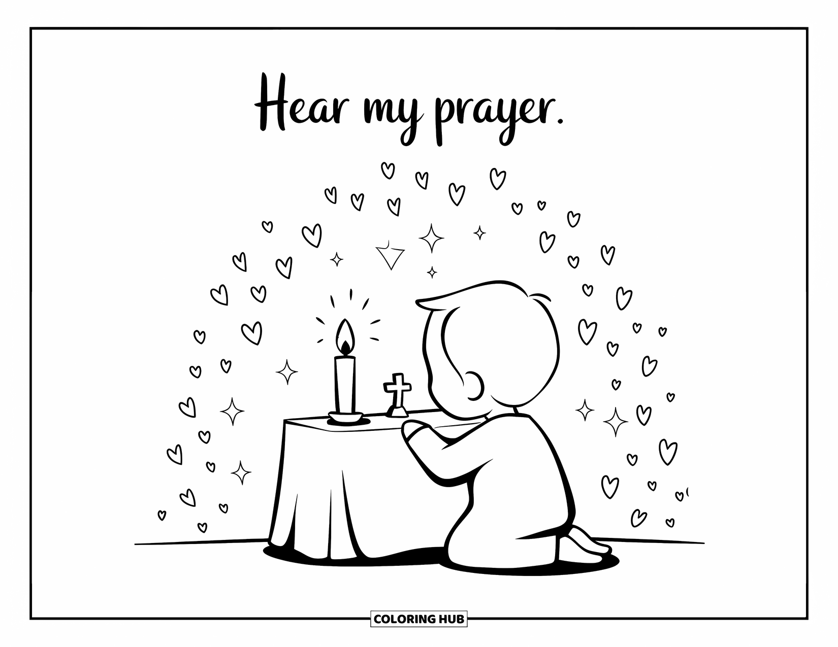 Prayer Coloring Page for Adults: A child kneels before a tiny altar, "Hear my prayer"