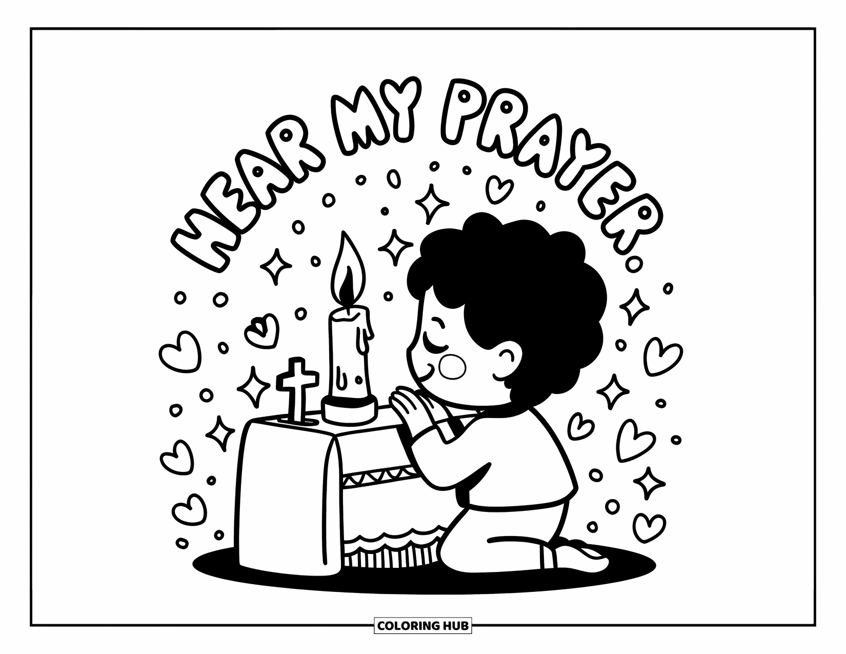 Prayer Coloring Page for Adults: A child prays at a tiny altar with sparkles