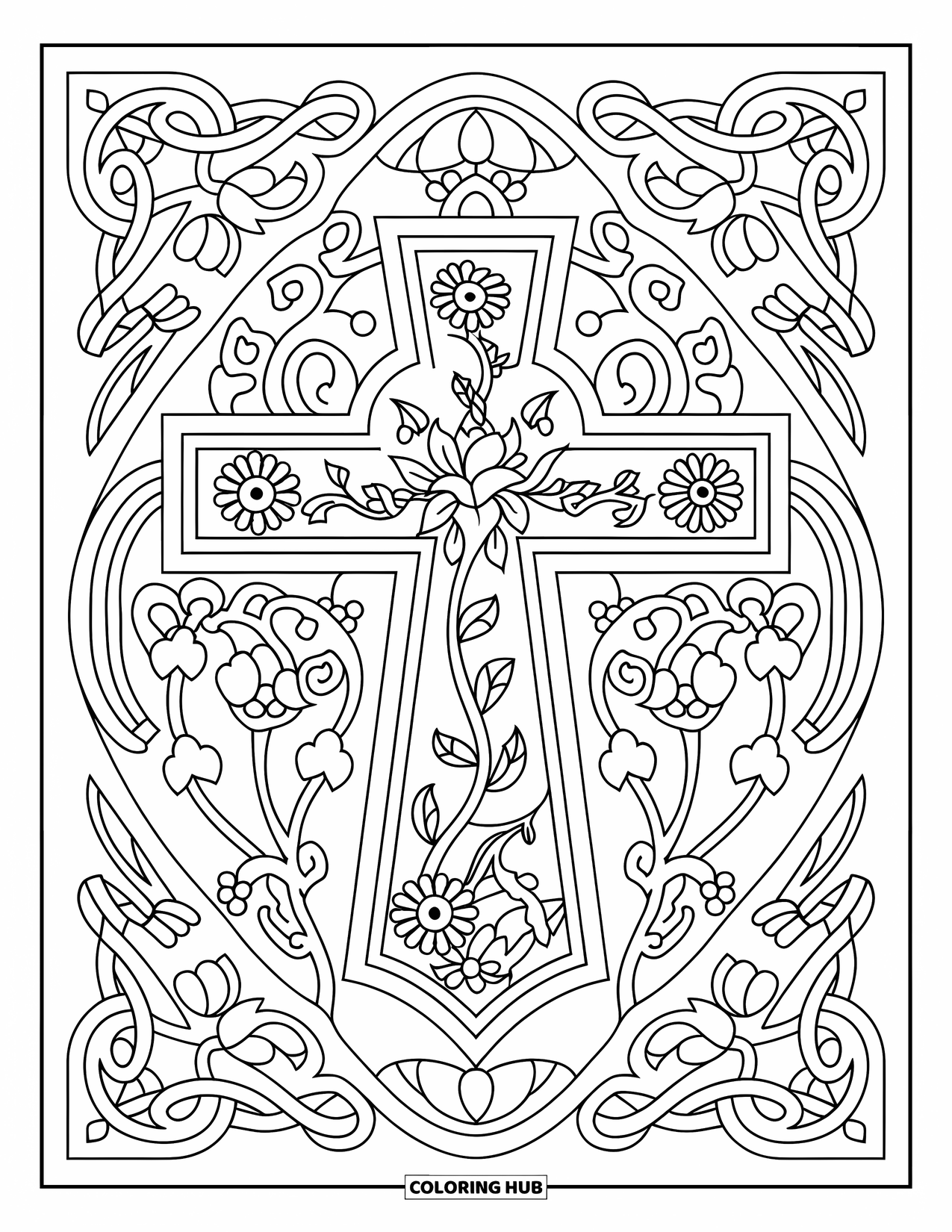 Prayer Coloring Page for Adults: A cross of vines rests within floral and geometric patterns