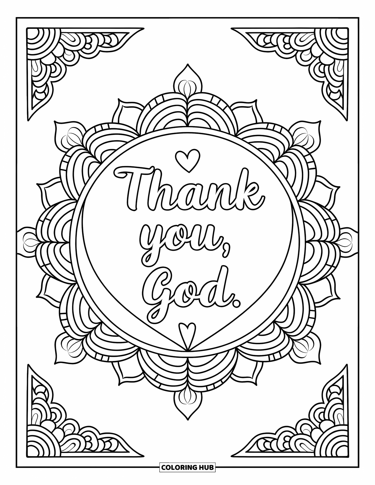 Prayer Coloring Page for Adults: A decorative mandala surrounds the words "Thank You, God"