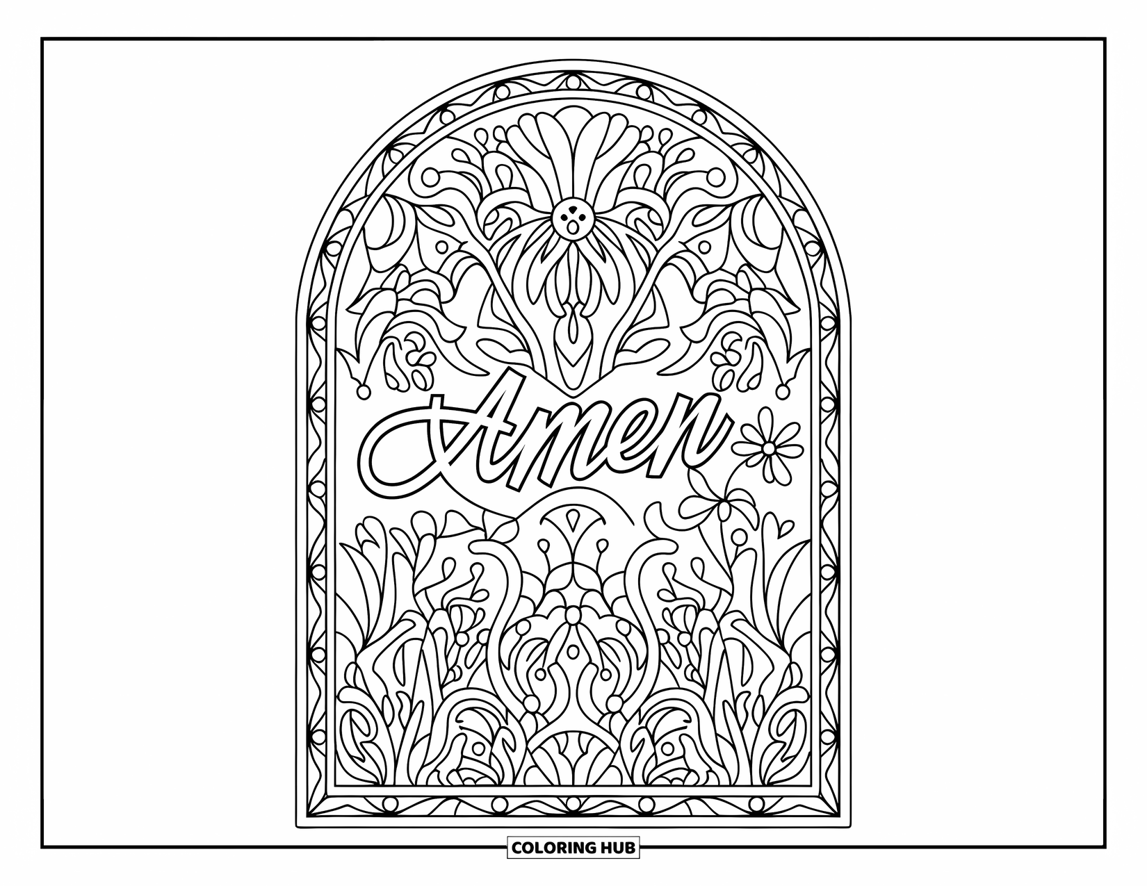 Prayer Coloring Page for Adults: A floral arch frames the word "Amen" in cursive