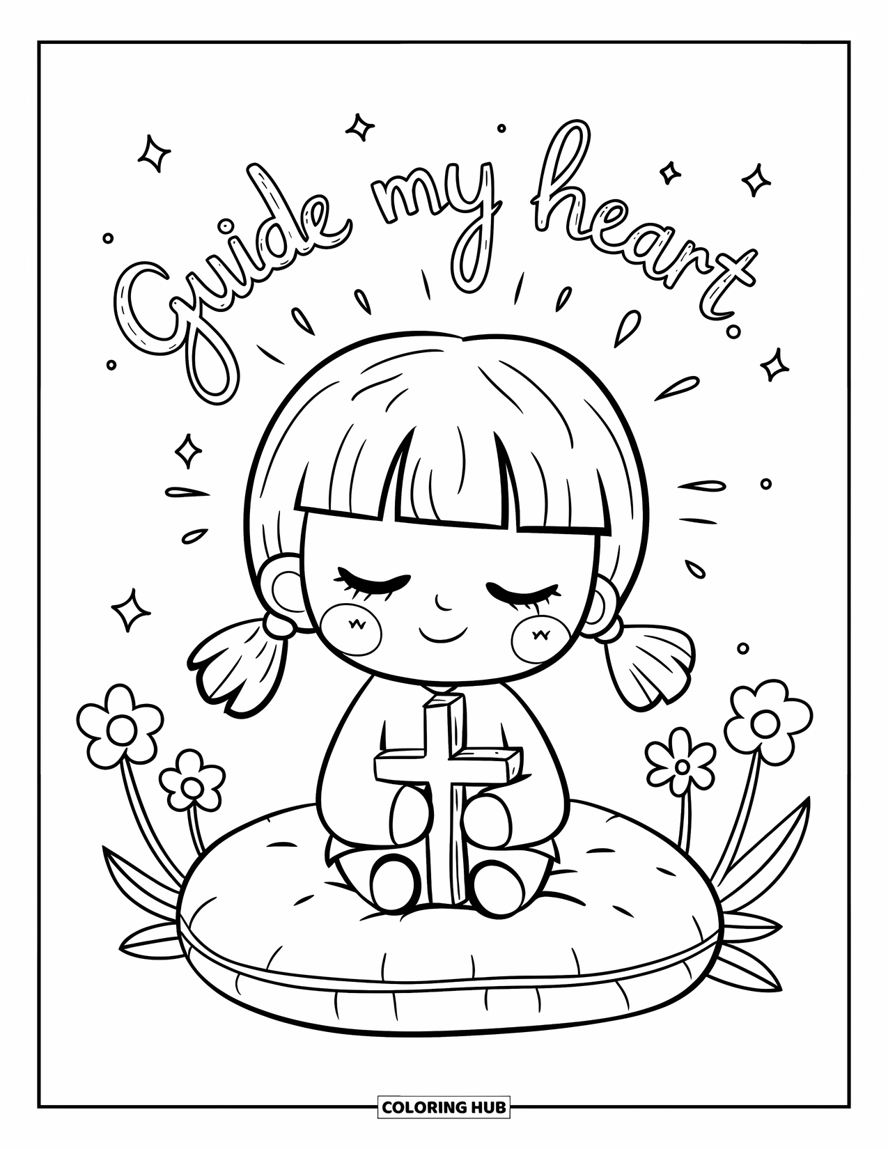 Prayer Coloring Page for Adults: A girl prays beside a cross and flowers