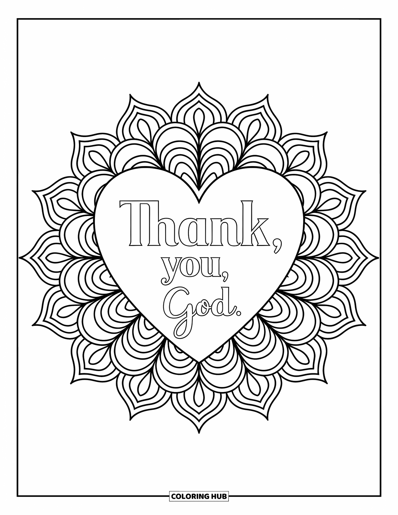 Prayer Coloring Page for Adults: A mandala design with a heart and "Thank You, God." in script
