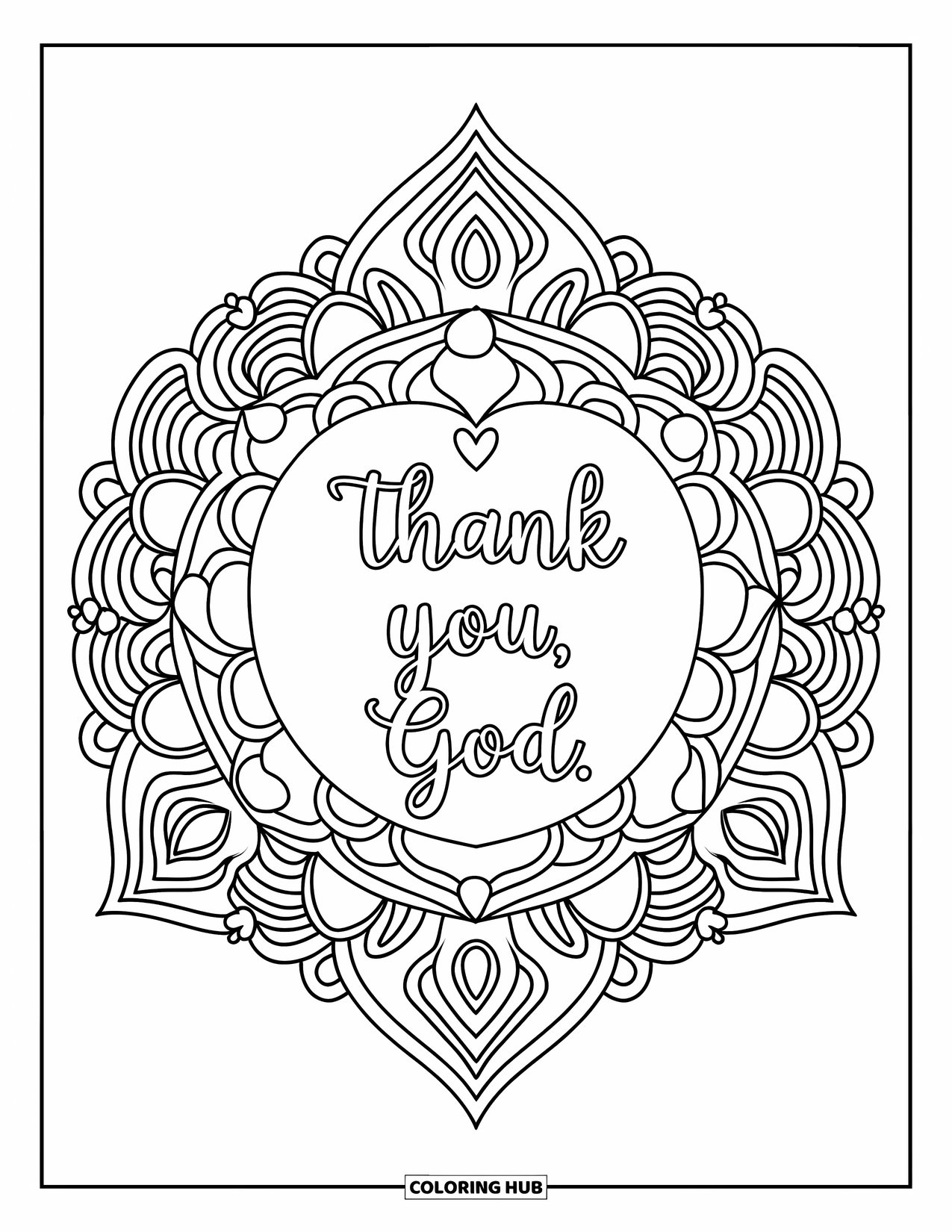 Prayer Coloring Page for Adults: A mandala with a heart and the words "Thank You, God"