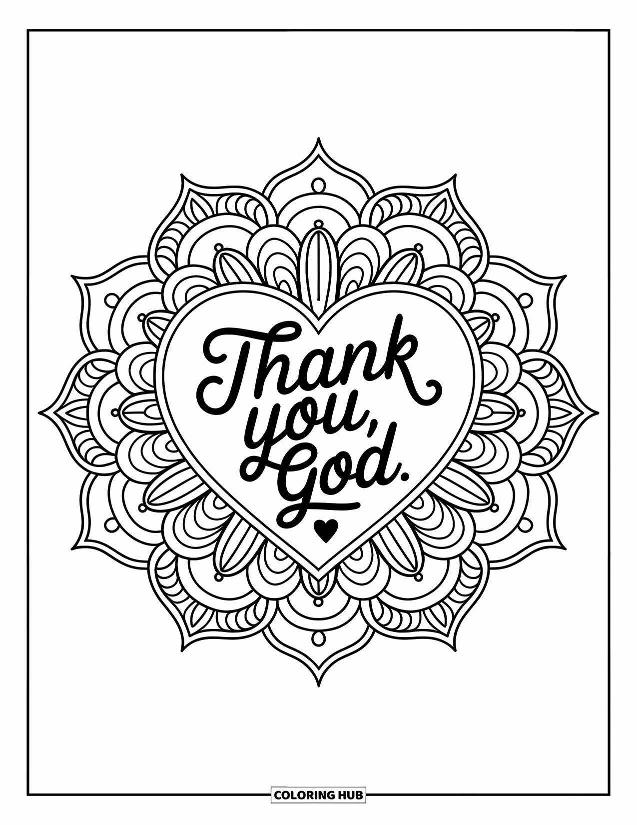 Prayer Coloring Page for Adults: A symmetrical mandala with "Thank You, God." and a small heart