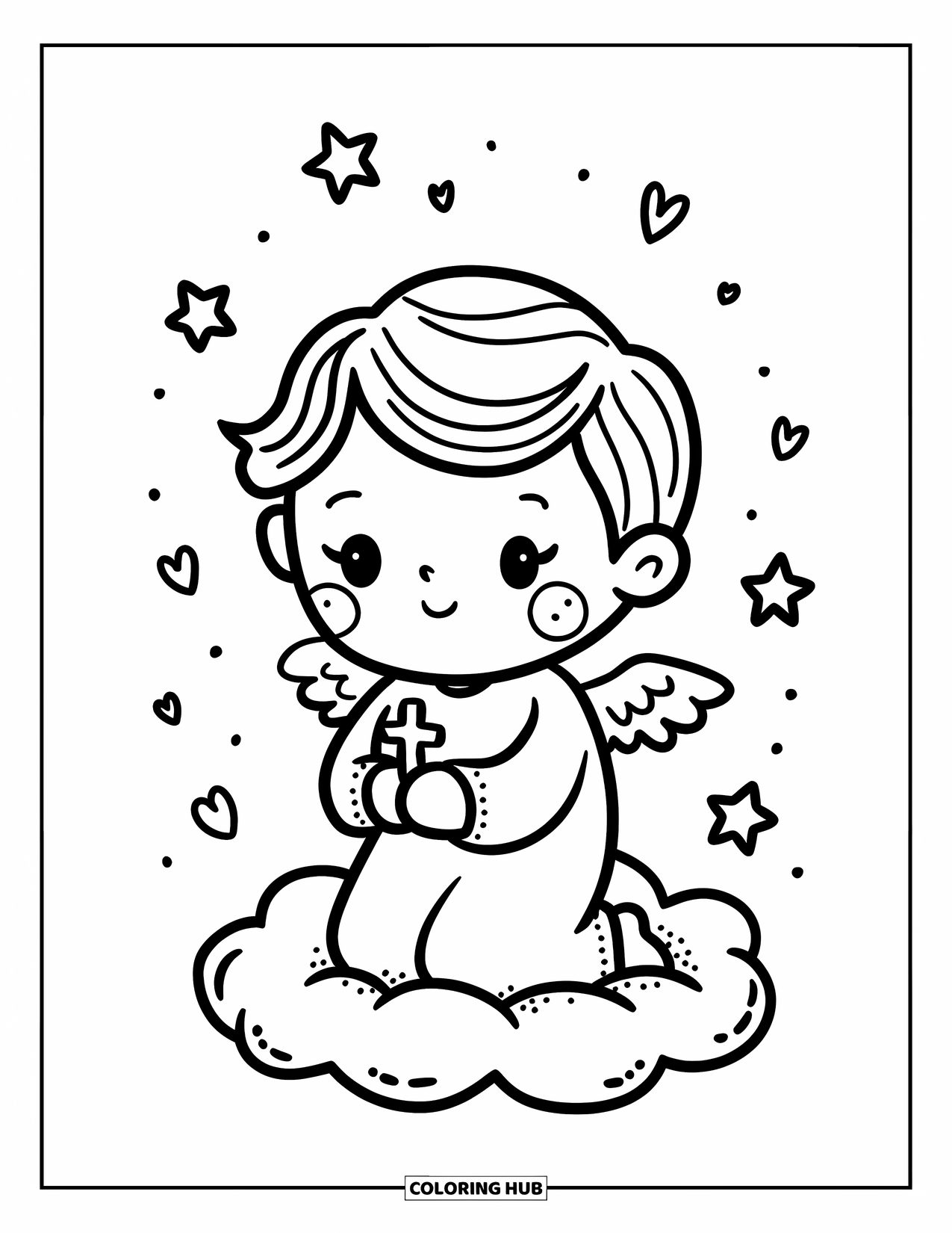 Prayer Coloring Page for Adults: An angel with wings kneels on a cloud holding a cross