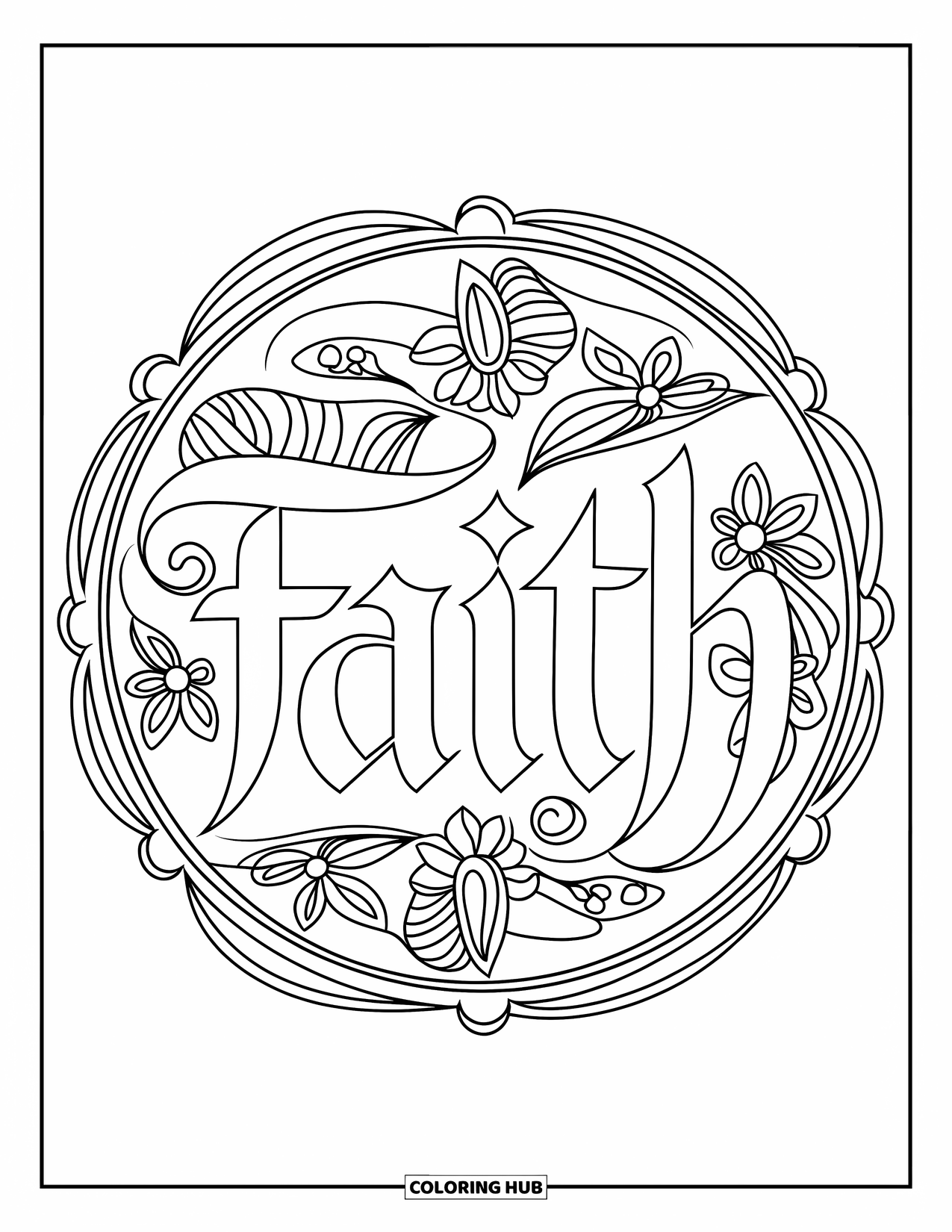 Prayer Coloring Page for Adults: An ornate mandala surrounds the word "Faith" in script