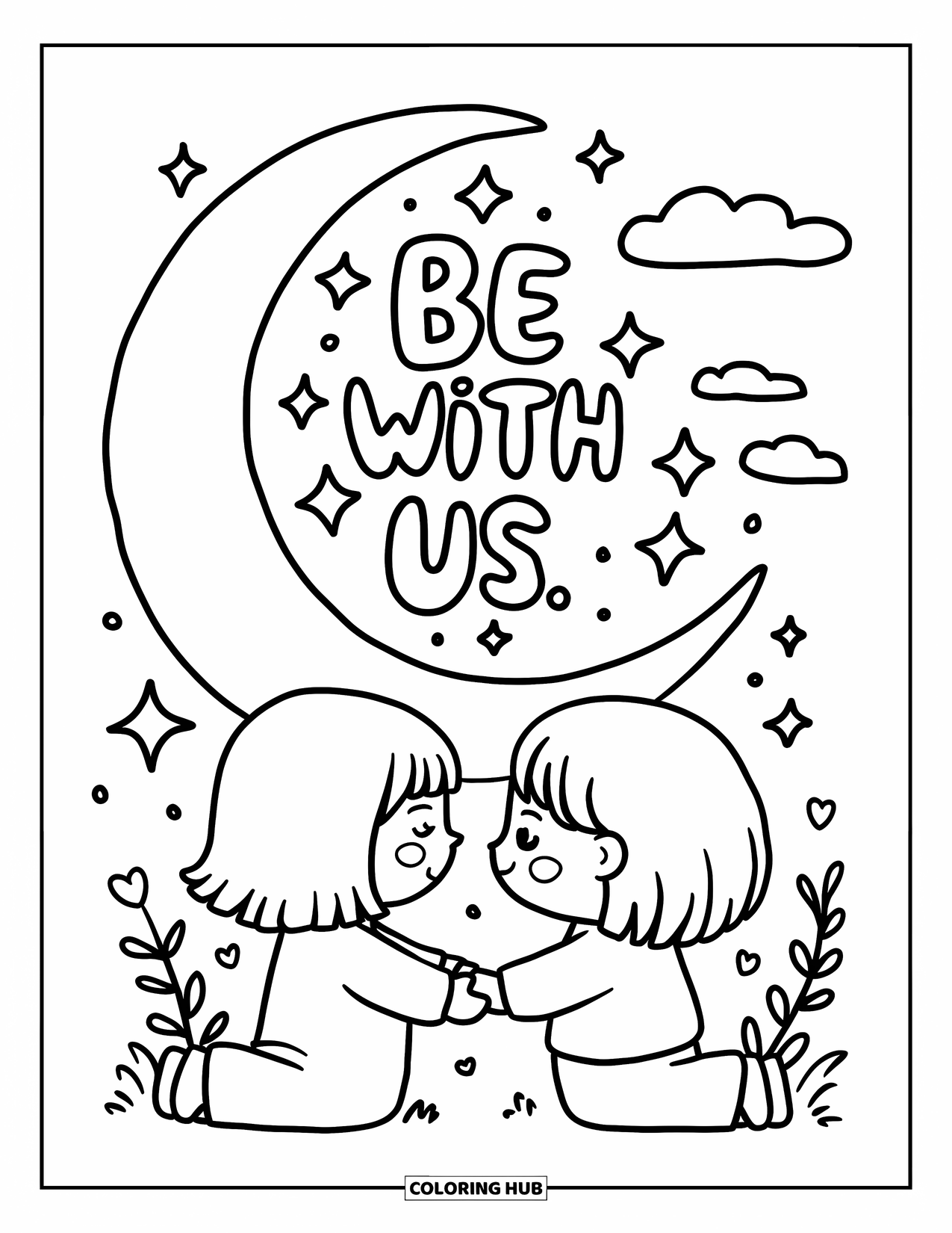 Prayer Coloring Page for Adults: Two siblings hold hands in prayer beneath stars