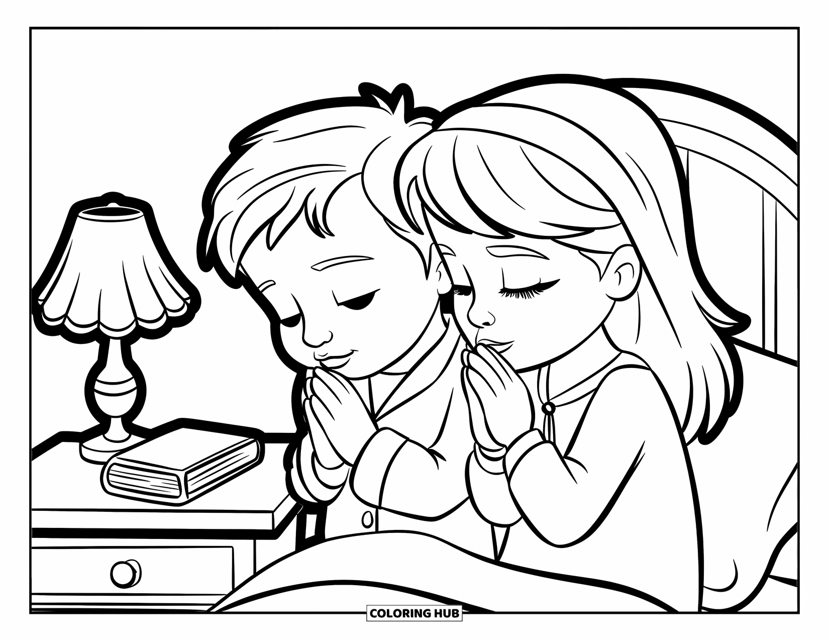 Prayer Coloring Page for Kids: A boy and girl pray together at bedtime beside a nightstand