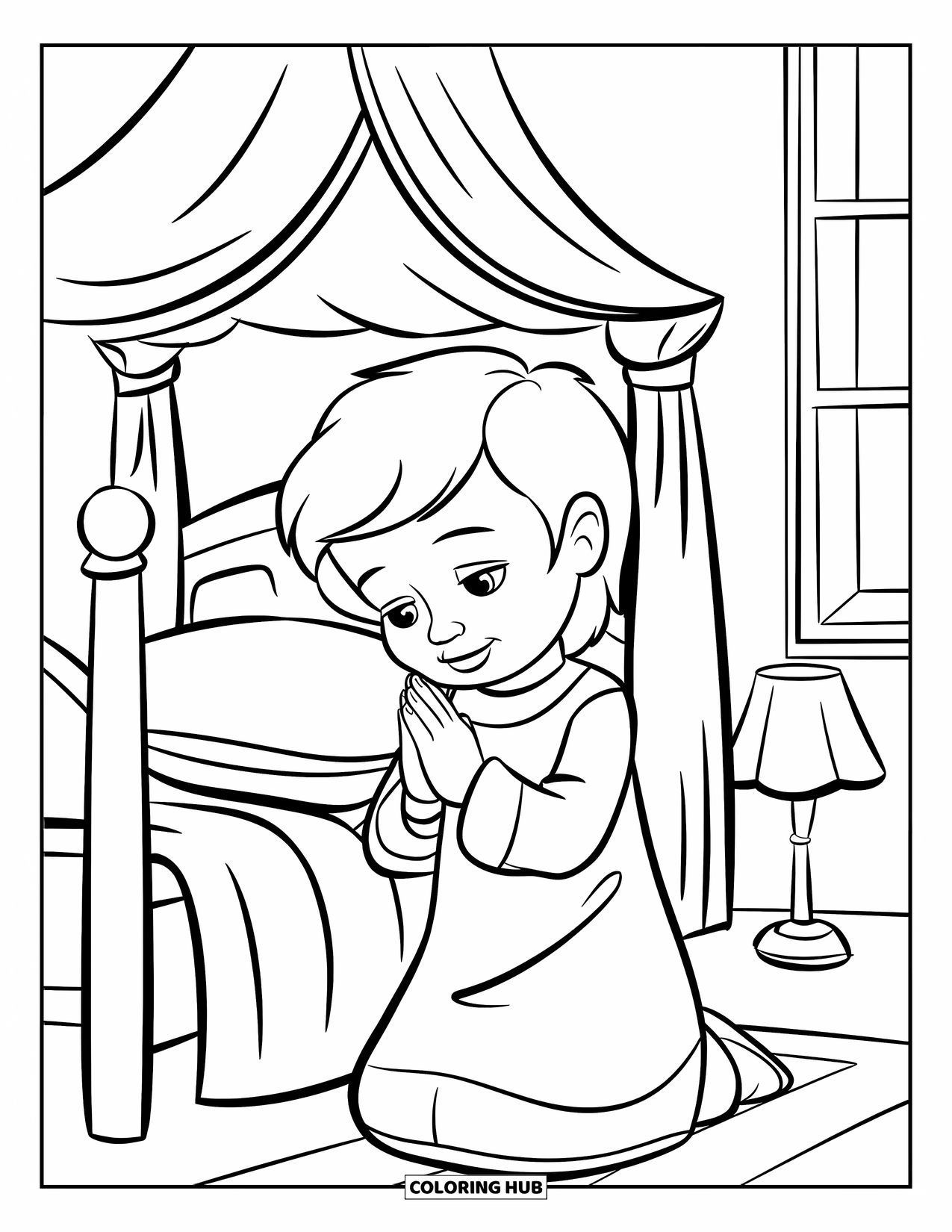 Prayer Coloring Page for Kids: A child kneels by their bed, praying softly at night