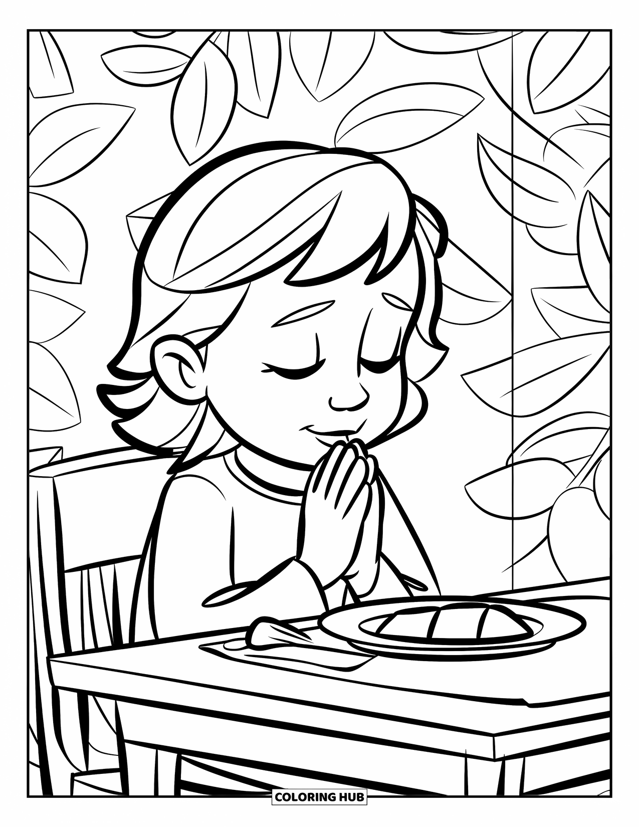 Prayer Coloring Page for Kids: A child prays before a meal beside a small table