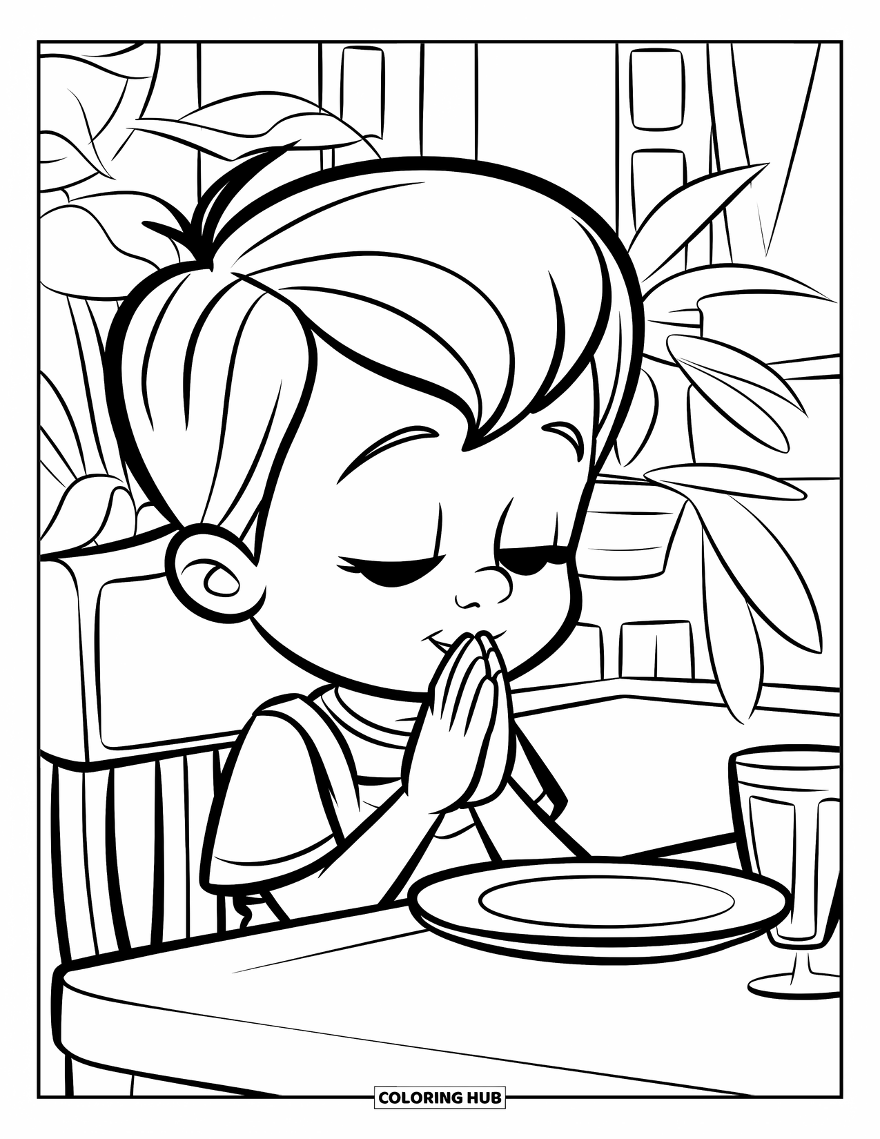 Prayer Coloring Page for Kids: A child prays before eating at a cozy dining table