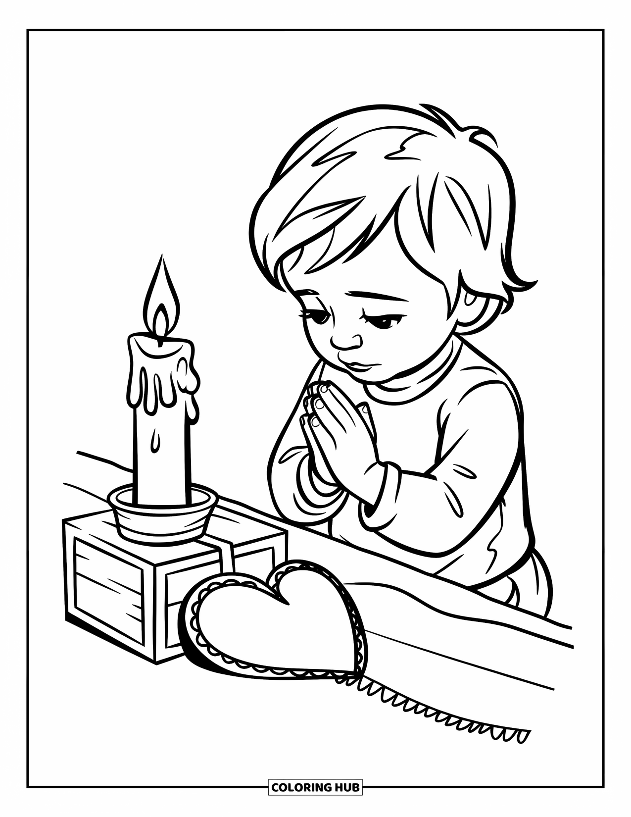 Prayer Coloring Page for Kids: A child prays beside a glowing candle and a heart