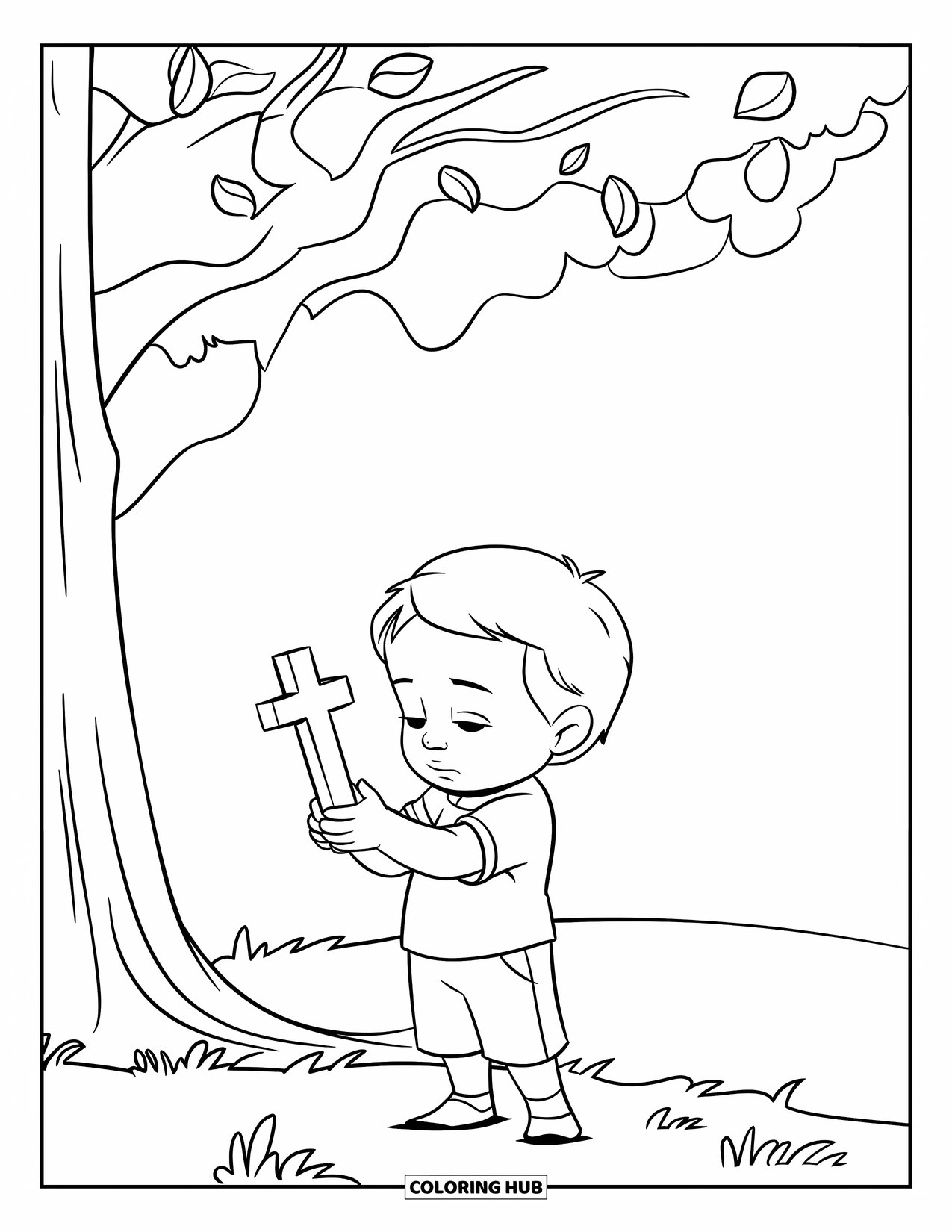 Prayer Coloring Page for Kids: A child prays outdoors while holding a small cross near a tree
