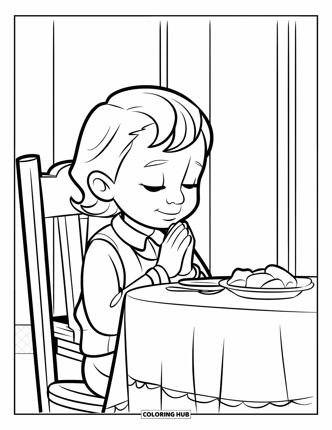 Prayer Coloring Page for Kids: A child prays with eyes closed before a meal on a table