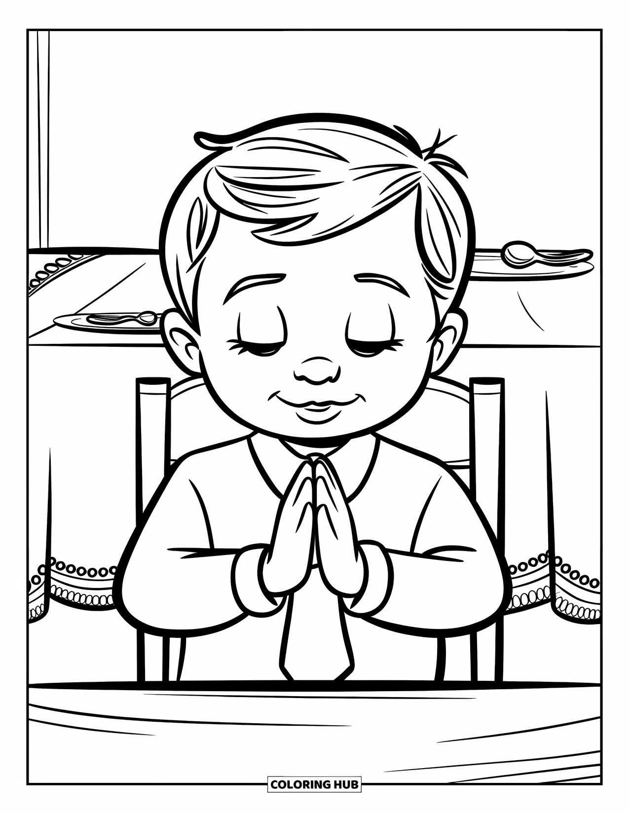 Prayer Coloring Page for Kids: A child sits praying before a meal at a tidy table