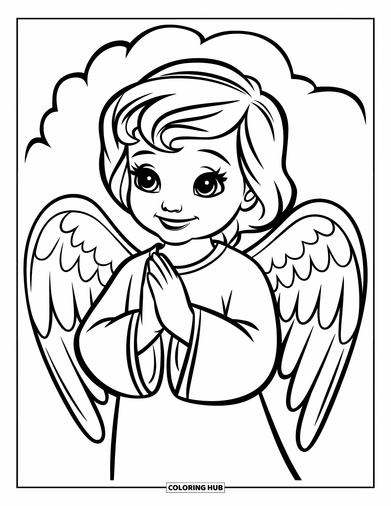 Prayer Coloring Page for Kids: A smiling angel with folded hands sits on a fluffy cloud