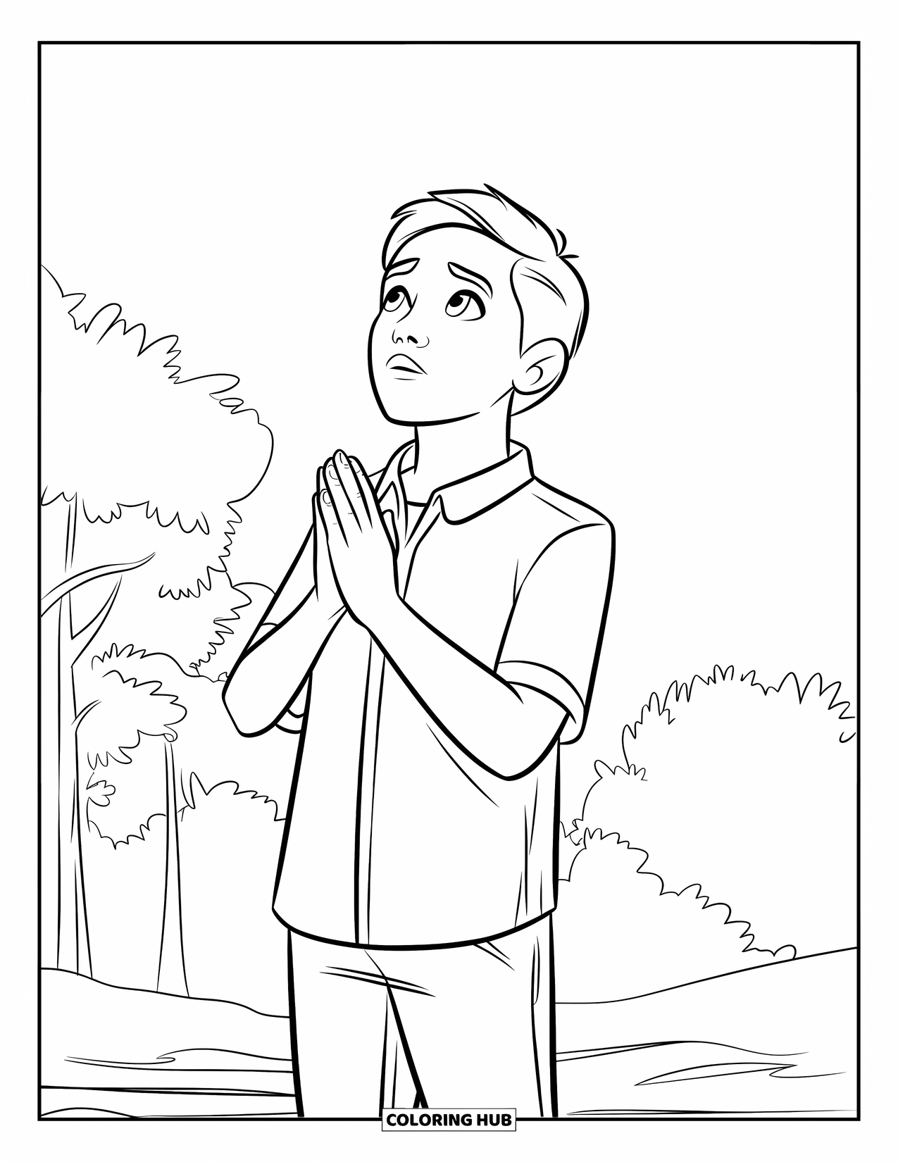Prayer Coloring Page for Kids: A teen prays outdoors, gazing upward among the trees