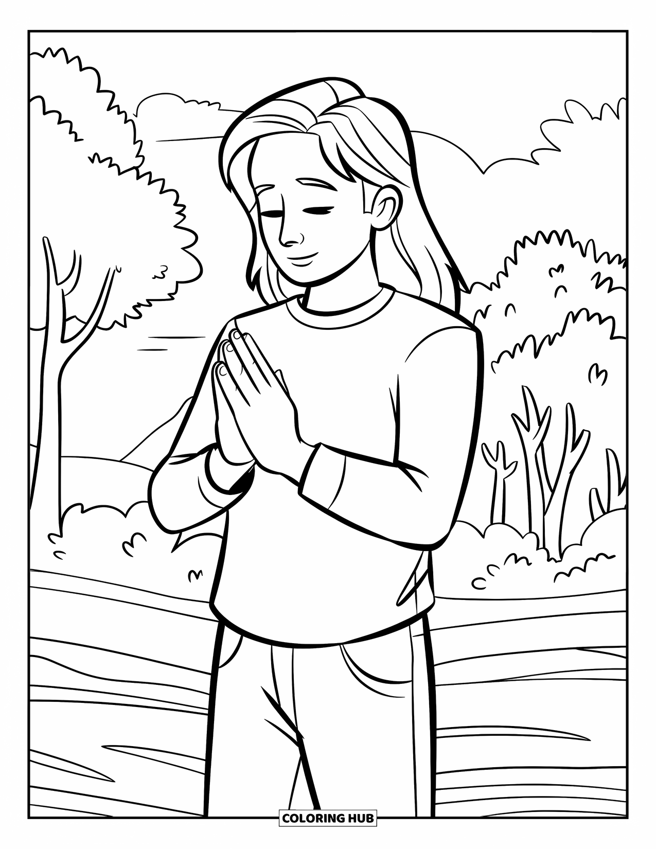 Prayer Coloring Page for Kids: A teen prays outdoors with trees gently surrounding them