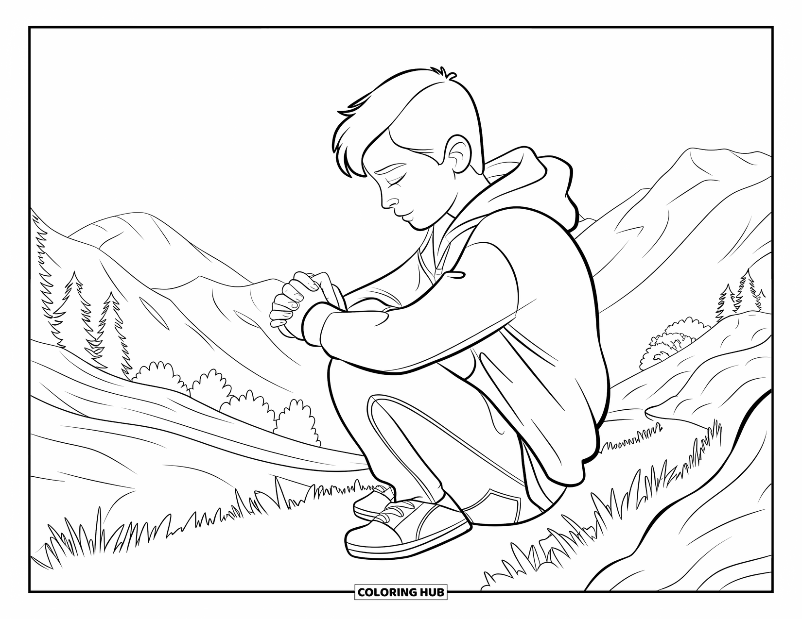 Prayer Coloring Page for Kids: A teen prays quietly on a mountain trail surrounded by trees