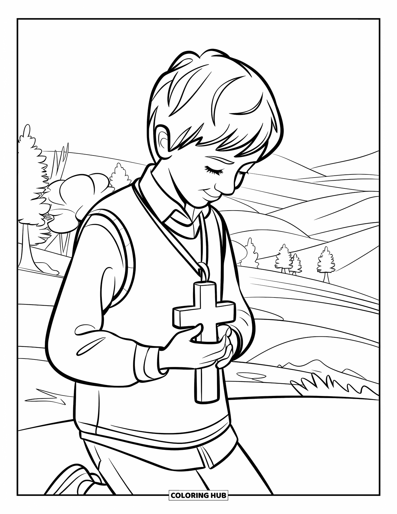 Prayer Coloring Page for Kids: A teenager kneels with a cross pendant in a peaceful landscape