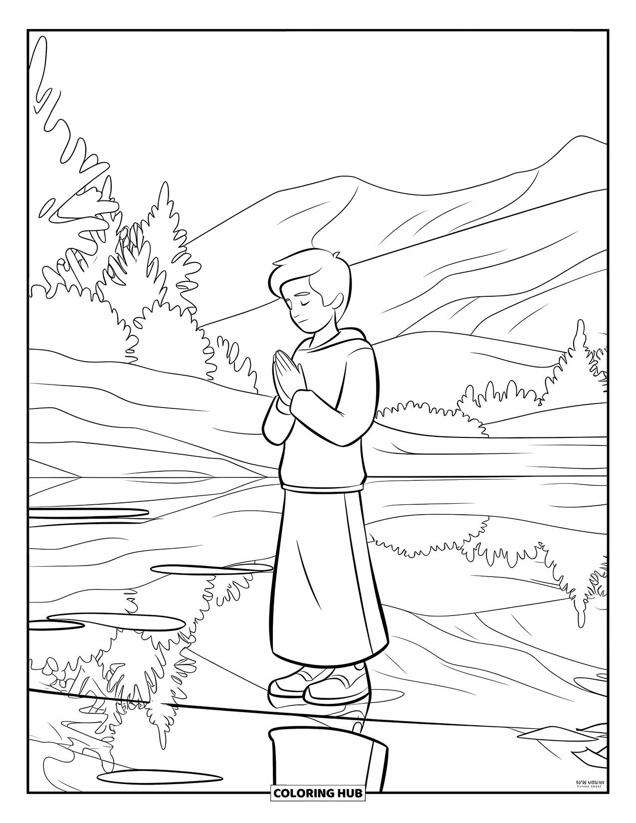 Prayer Coloring Page for Kids: A teenager stands by a lake, praying in a peaceful moment