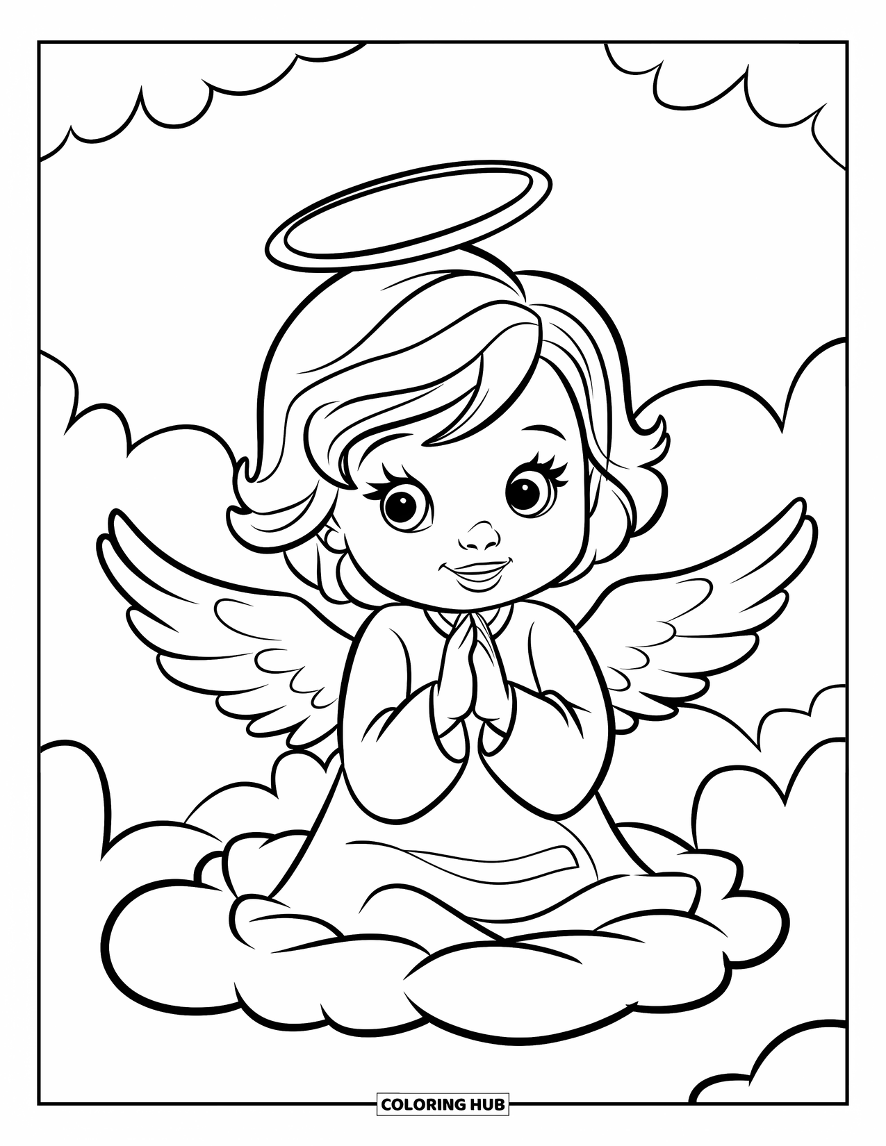 Prayer Coloring Page for Kids: An angel sits on a cloud with folded hands and wings