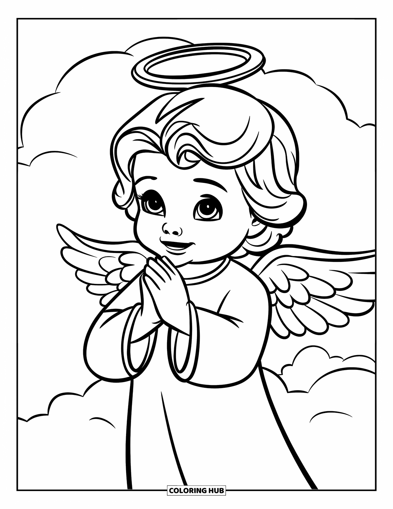 Prayer Coloring Page for Kids: An angel with folded hands rests gently on a cloud