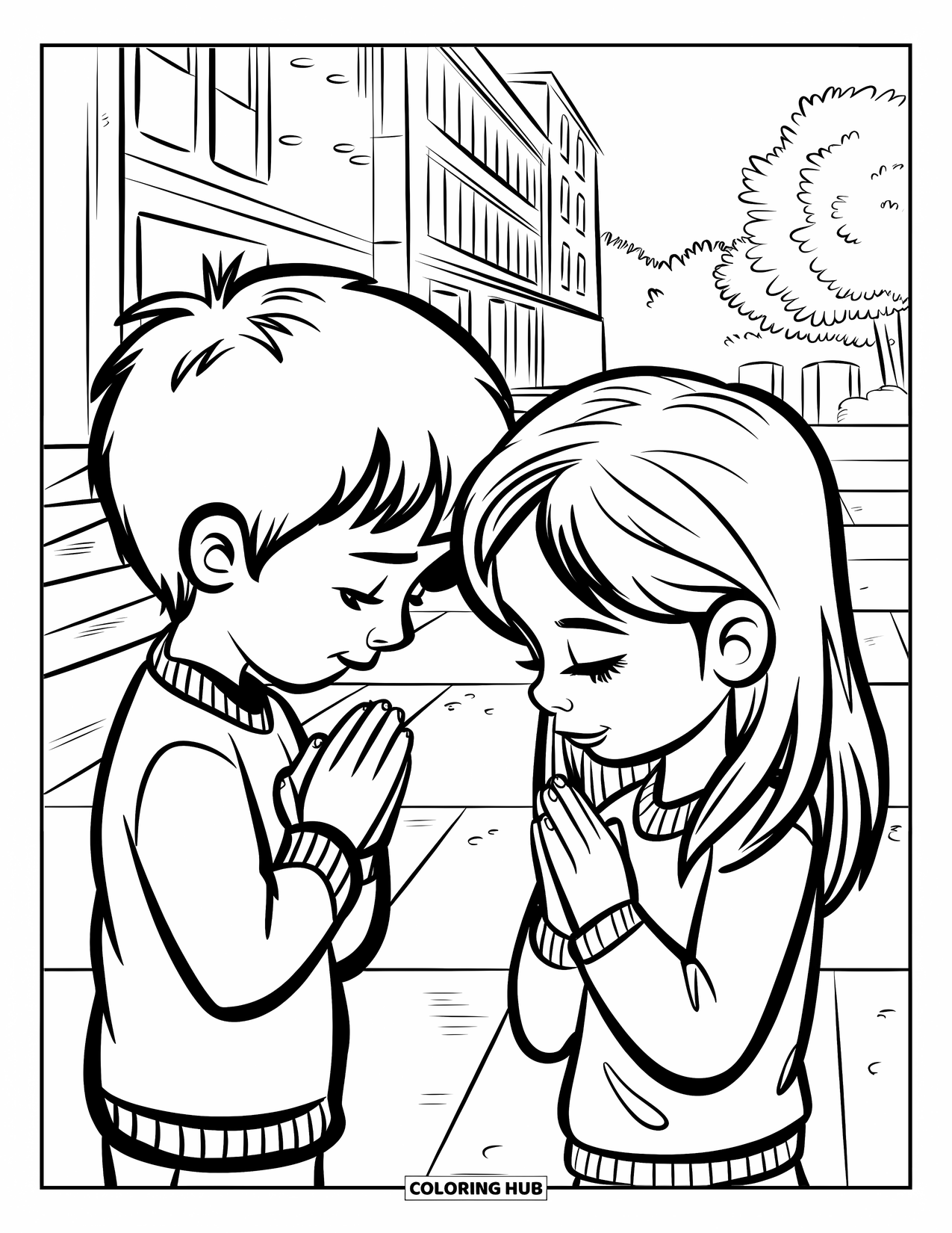 Prayer Coloring Page for Kids: Two children pray together on a sidewalk near school